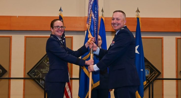 Col. Daniel Voorhies assumes command of the 341st Missile Wing from Maj. Gen. Stacy Jo Huser Photo credit Senior Airman Breanna Christopher Volkmar