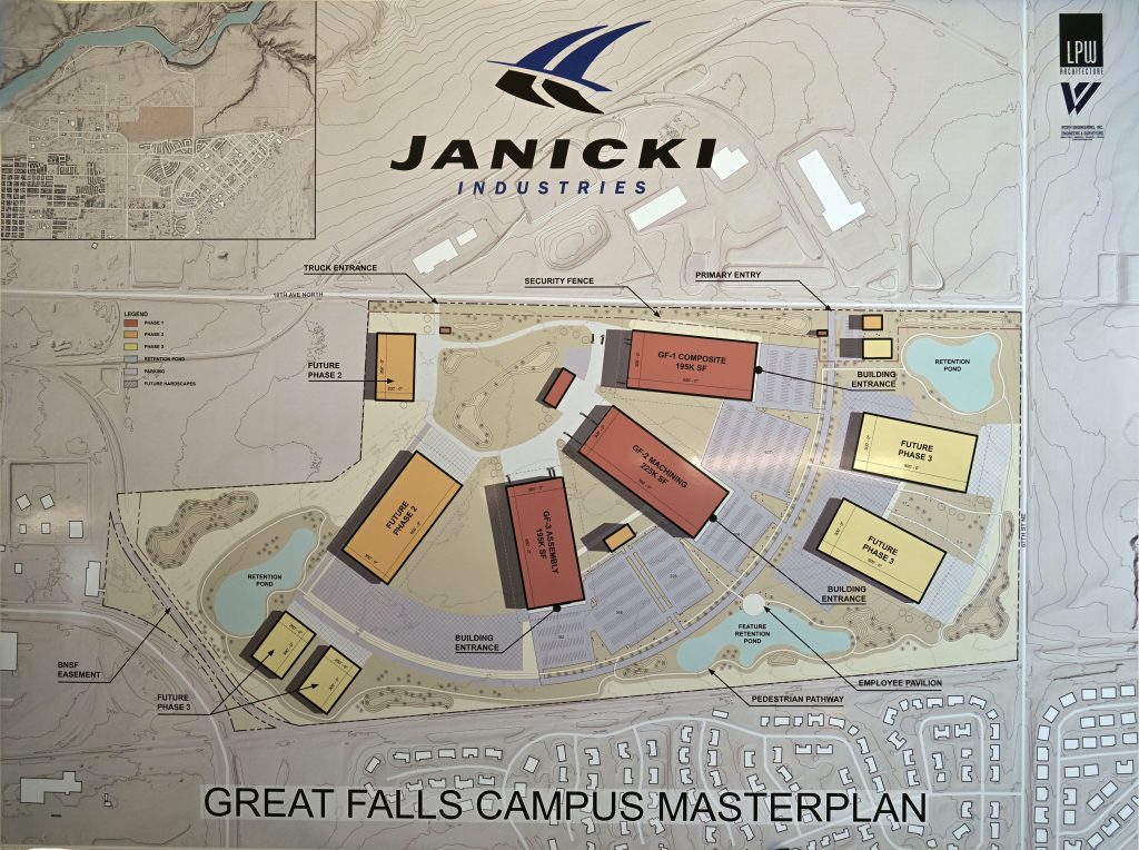 The master plan of the Great Falls campus of Janicki Industries was placed on an easel and displayed during the Janicki Montana groundbreaking ceremony. Photo credit Eric Peterson