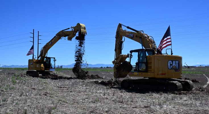 To conclude the Janicki Industries Montana groundbreaking ceremony, John and Peter Janicki operated excavators to move the first shovels of dirt at the construction site located at AgriTech Park in Great Falls, Montana on July 10, 2026. Photo credit Eric Peterson